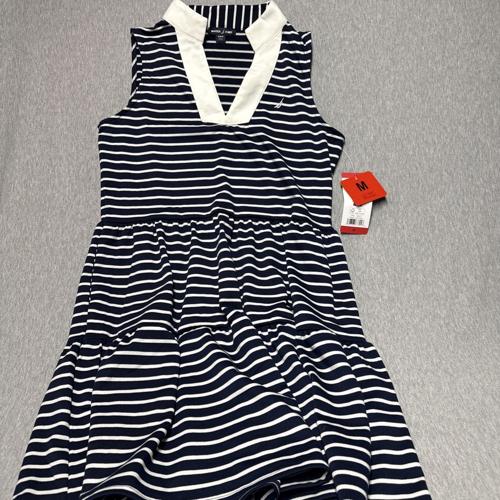 Classic French Girl Casual Striped Coastal Sleeveless Navy Comfy Dress size M